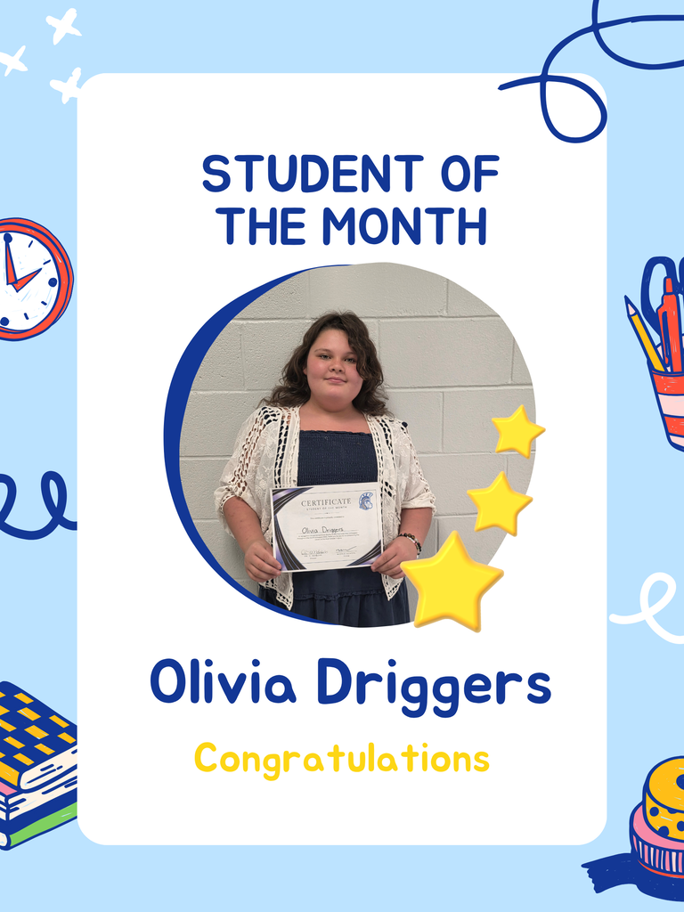 A blue background features a picture of a woman holding a certificate. It reads "Student of the Month" and "Olivia Driggs." Stars and school icons are around the edges.