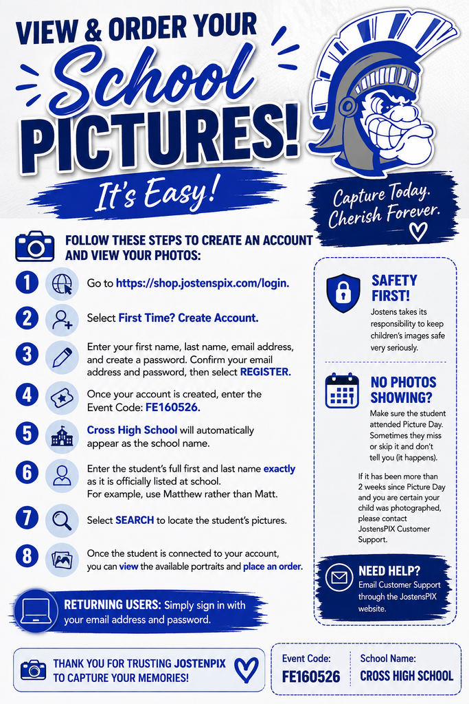 A flyer with a blue helmet and instructions to view and order school photos. It features steps to create an account, emphasizing safety, and providing a contact for support.