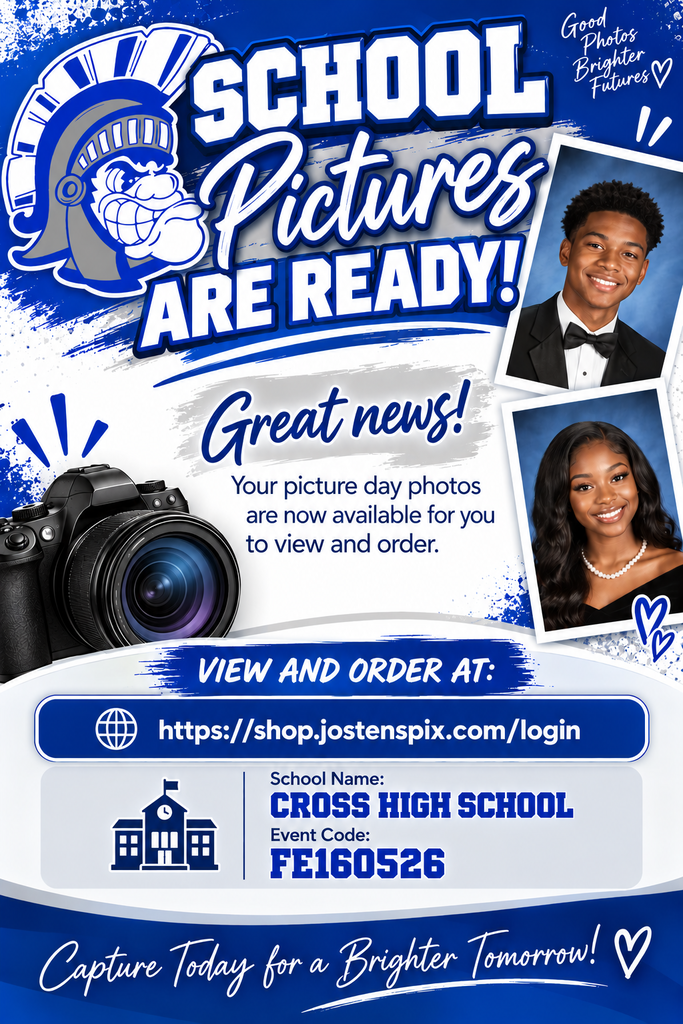 A flyer with blue background featuring a camera, two student photos, and text "SCHOOL PICTURES ARE READY!" with details on ordering photos.