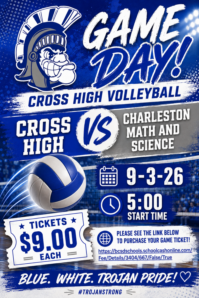 Blue poster with a helmet logo, volleyball ball, and text. Text: "GAME DAY! CROSS HIGH VOLLEYBALL CROSS HIGH VS CHARLESTON MATH AND SCIENCE 9-3-26 5:00 START TIME."