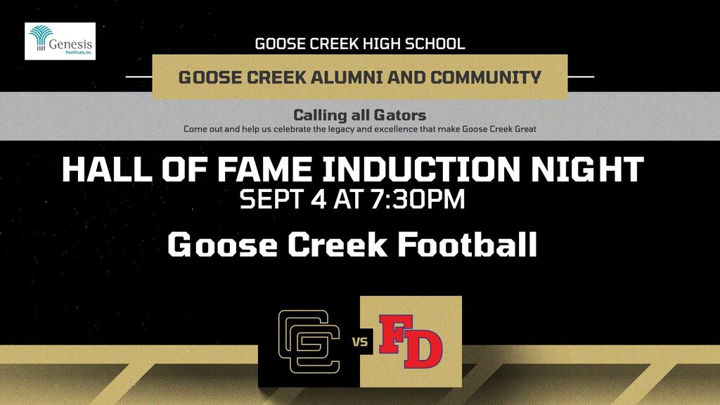 🐊 Calling all Gators! 🐊 Join us for a special night celebrating the legacy, excellence, and tradition that make Goose Creek High School great! 💛🖤 🏆 Hall of Fame Induction Night 📅 September 4 ⏰ 7:30 PM 🏈 Goose Creek Football vs. Fort Dorchester Come celebrate our Hall of Fame inductees, honor our Gator greats, and cheer on the Gators under the Friday night lights! Once a Gator, always a Gator! 🐊💛🖤 #GooseCreekGators #GatorPride #HallOfFame #OnceAGatorAlwaysAGator #WeRise