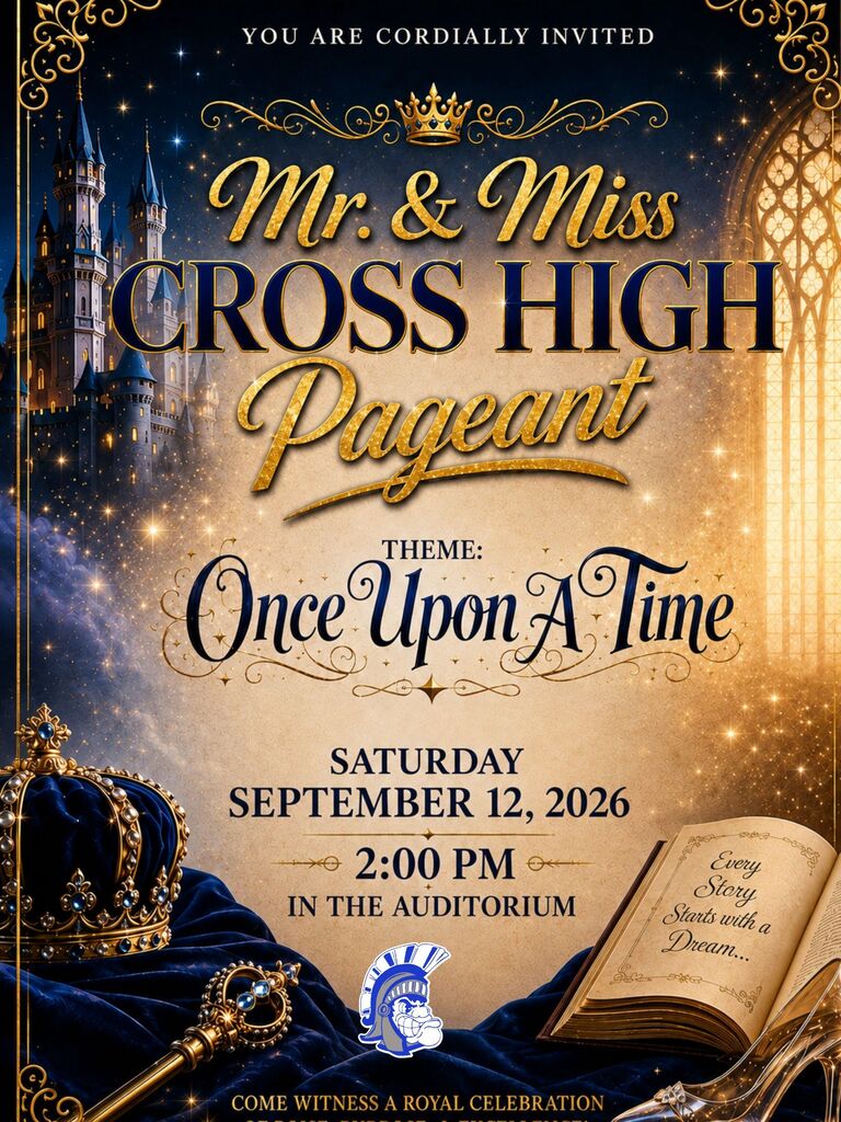 Poster with castle backdrop. Text reads "Mr. & Miss Cross High Pageant" and "Once Upon a Time". Date is September 12, 2026.