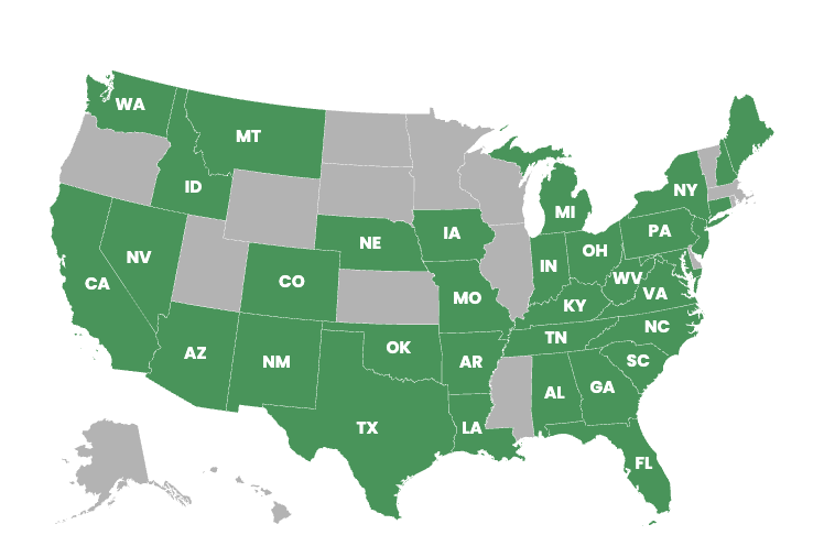 A map of the United States, with various states highlighted in green, gray, and white. The map is displayed against a white background.