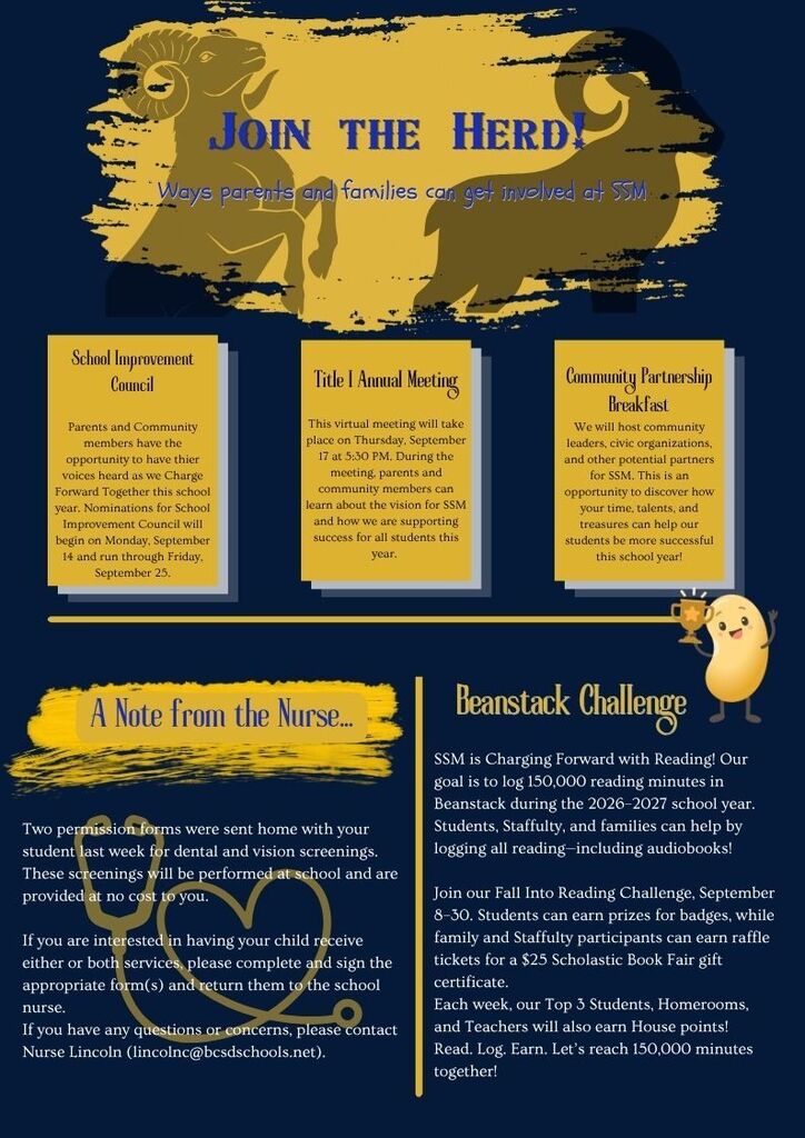 A blue background with white text displays event details. It includes "Join the Herd" at the top, a note from the nurse, and details about a breakfast event.