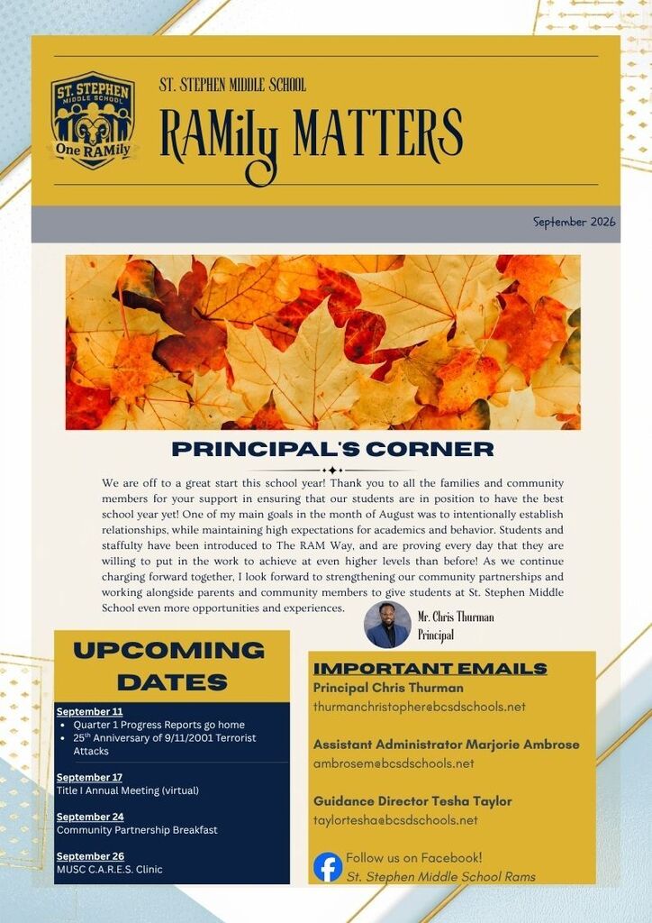 A flyer with a yellow and blue theme displays the heading "Ramily Matters" at the top. The center reads "Principal's Corner." Below, the flyer features a table with the headings "Upcoming Dates" and "Important Emails."
