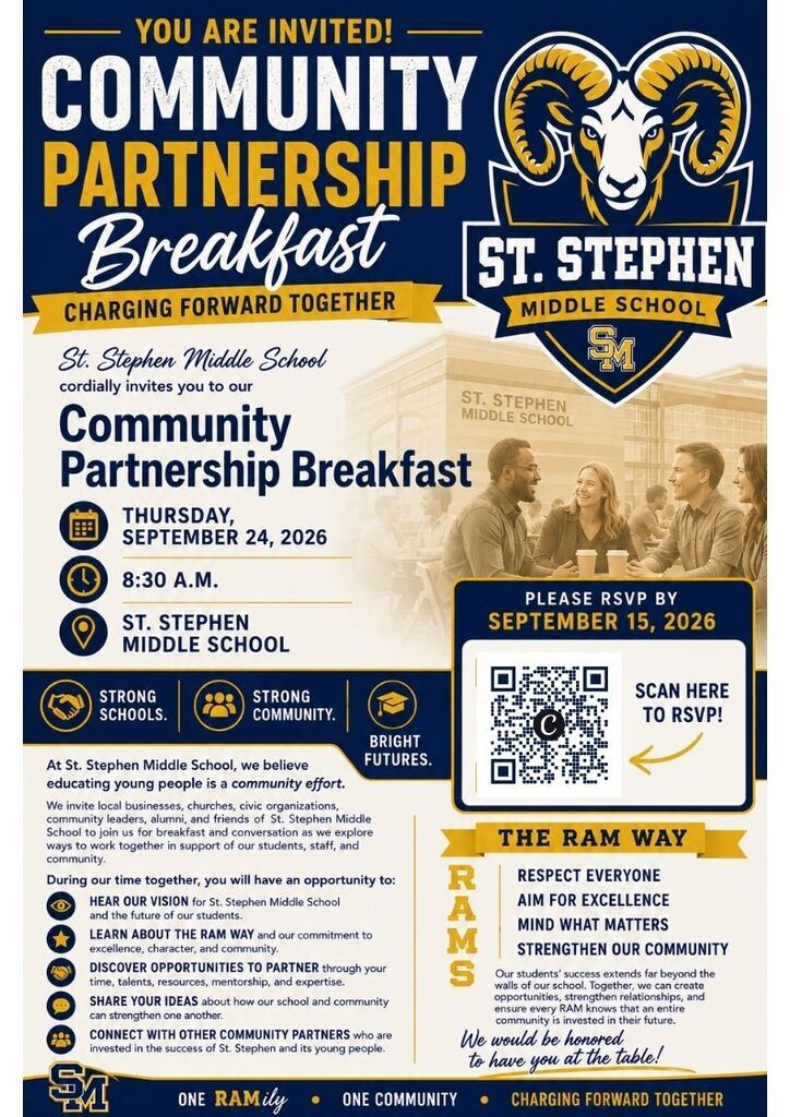 A flyer for a community breakfast event at St. Stephen Middle School. It shows people seated at a table, with a logo, text, and QR code.