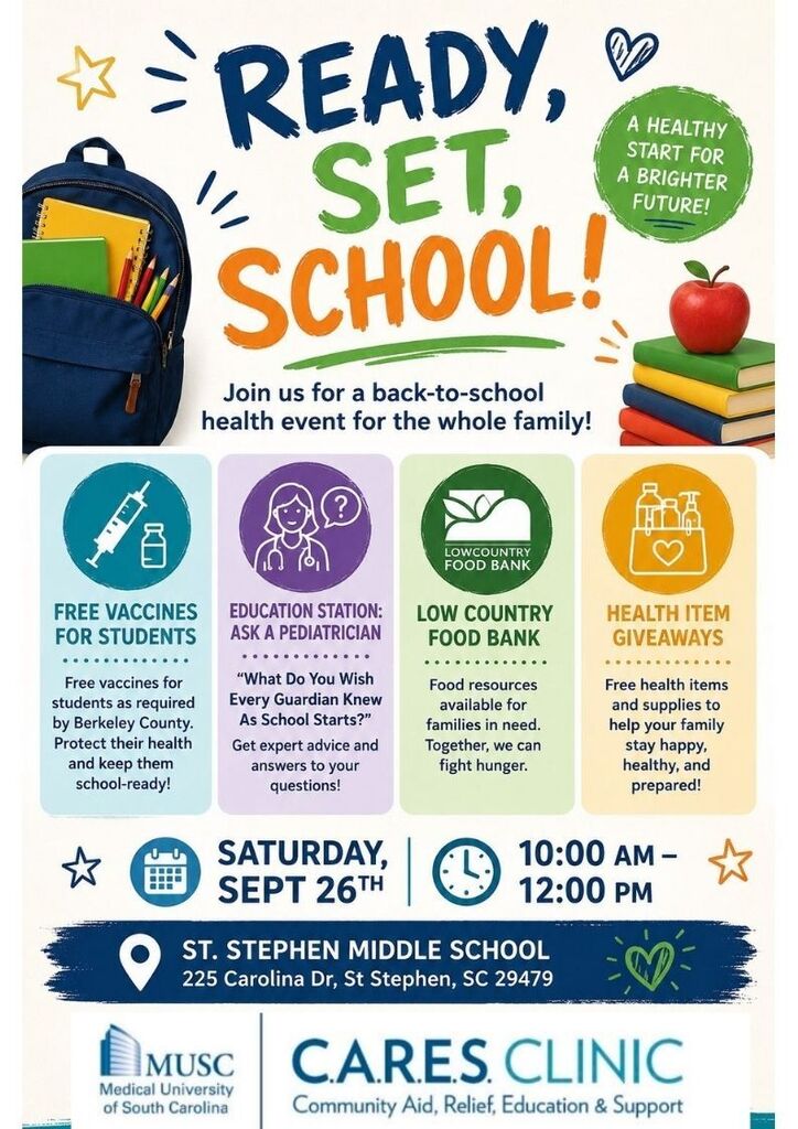 Flyer for Ready, Set, School event with backpack, books, apple. Offers free vaccines, education station, low country food bank, health item giveaways. Sept 26, 10:00 AM-12:00 PM at St. Stephen Middle School.