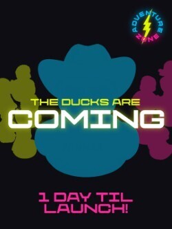 A black background features an event poster with blue and pink shapes and "The Ducks Are Coming" in white.