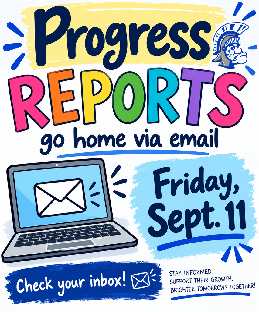 A colorful poster reads "Progress Reports go home via email" with an image of a laptop. An email icon is shown.