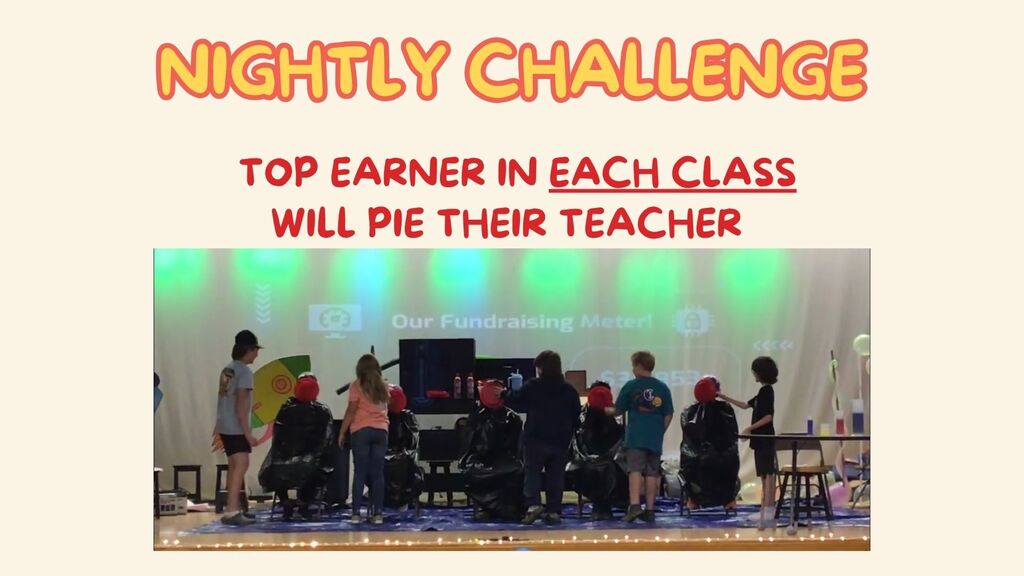 A group of children on a stage with a banner reading "Nightly Challenge" and "Top earner in each class will pie their teacher".