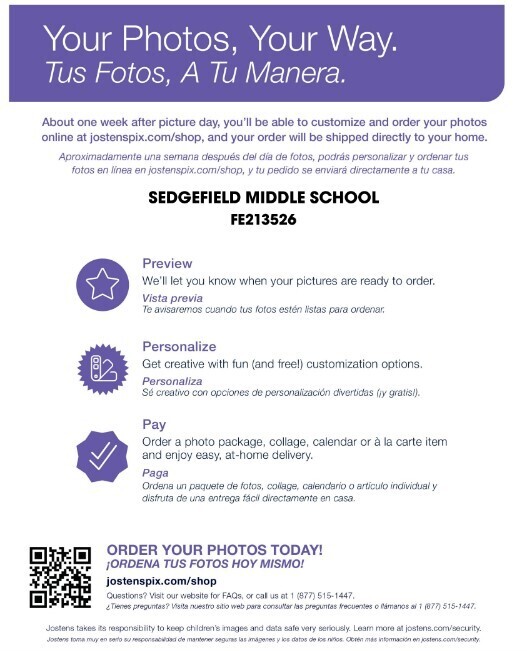 Page with heading "Your Photos, Your Way" and "Tus Fotos, A Tu Manera". It lists "Sedgefield Middle School" with a code "FE213526" and has a table with headings "Preview", "Personalize", "Pay", and "Page".