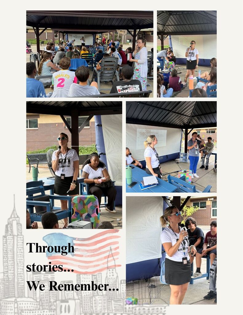 A collage of people in a gazebo. One woman speaks into a microphone. Text reads, "Through stories...We Remember..."