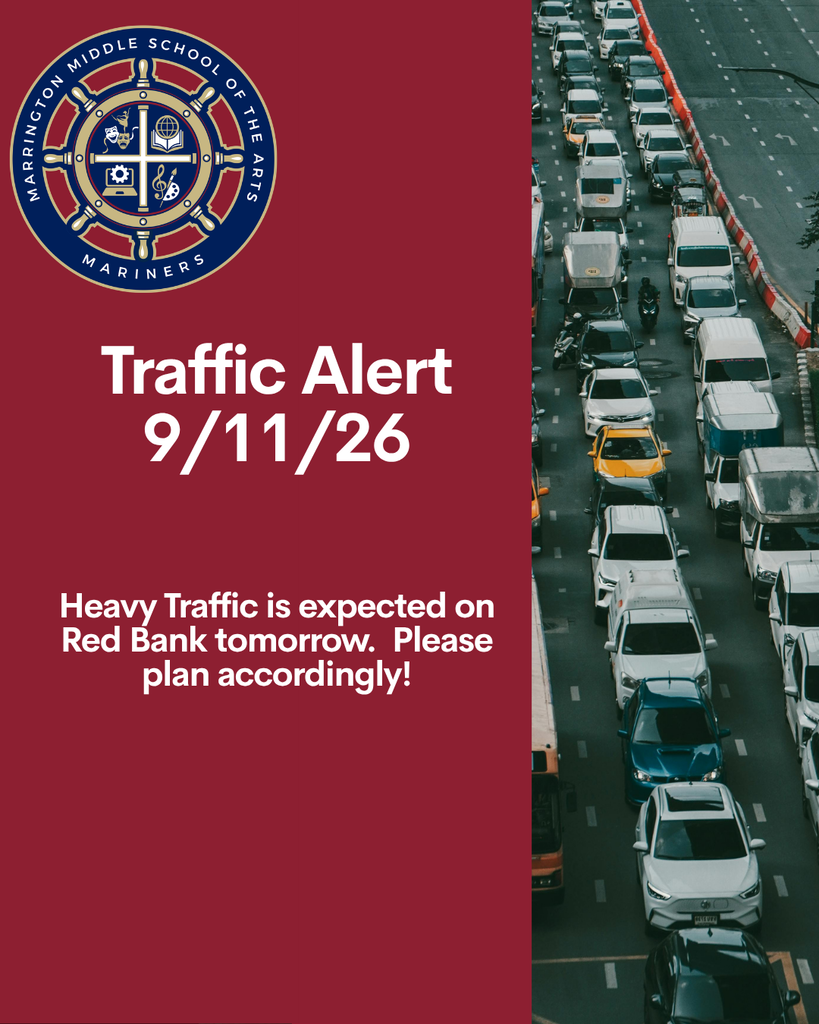 Red banner with logo. Alert about heavy traffic on Red Bank on 9/11/26. Busy street with many cars in the background.