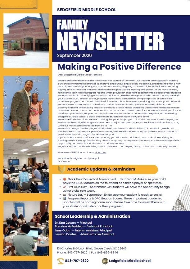 The newsletter for Sedgefield Middle School includes a cover with a family photo, academic updates, and school leadership information.