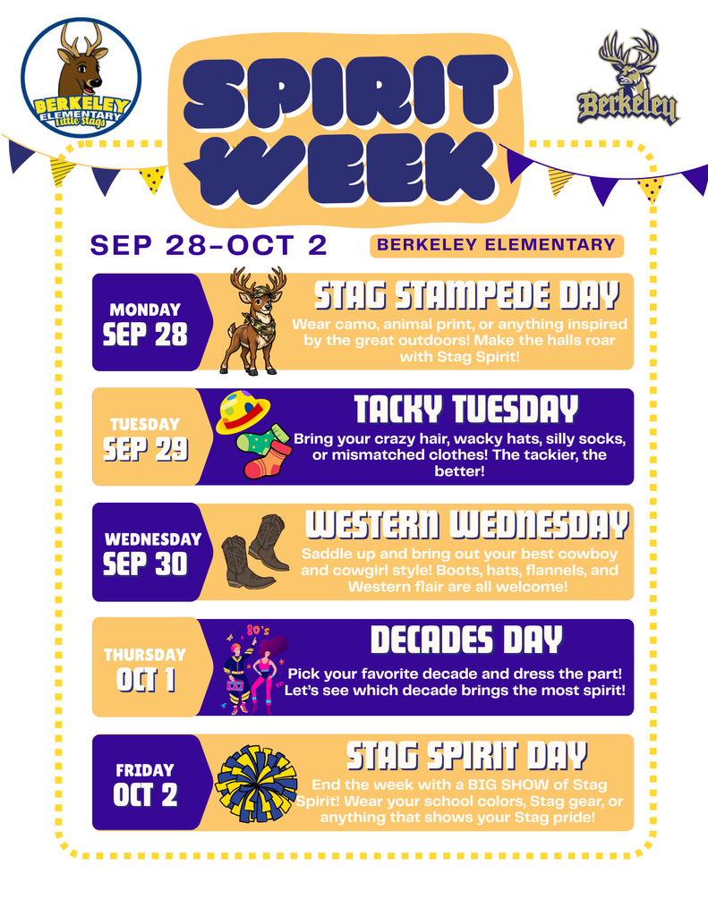 Poster for Spirit Week, showing a schedule with days, dates, themes, and associated images.