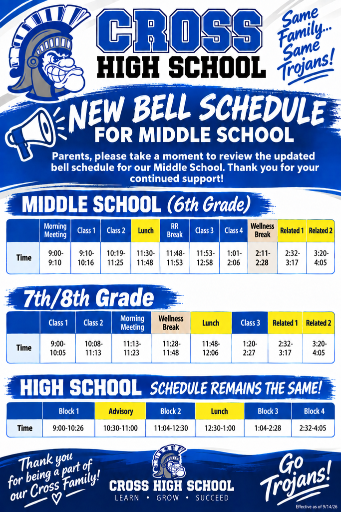 A poster features the title "CROSS HIGH SCHOOL" with the "NEW BELL SCHEDULE" and "MIDDLE SCHOOL (6th Grade)" in bold. It includes a table with times and classes.