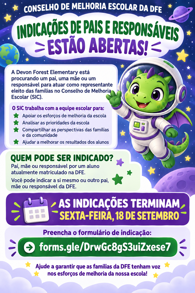A flyer features a green dinosaur astronaut, vibrant colors, text about open enrollment, and a website link.