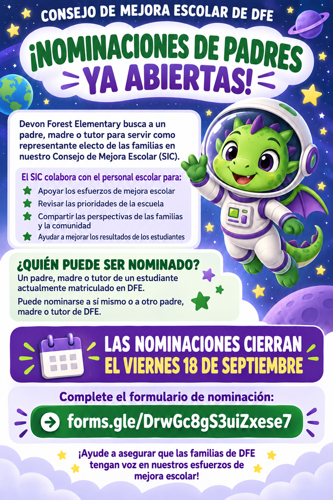 A poster highlights an open nomination for parent representatives. A cartoon character in an astronaut suit flies, accompanied by text in Spanish.