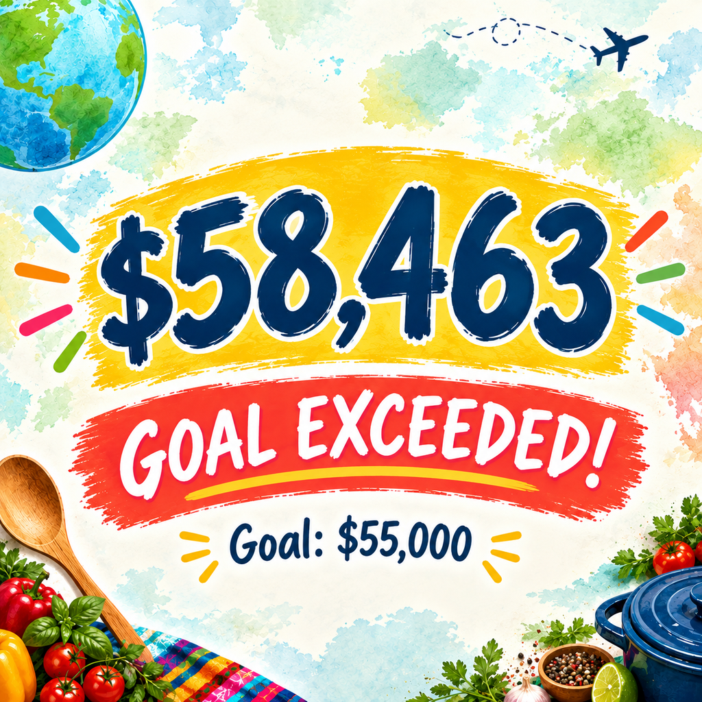 Colorful poster with a globe, airplane, vegetables, and a pot. Figures "$58,463" and "GOAL EXCEEDED!" appear above a goal of "$55,000".