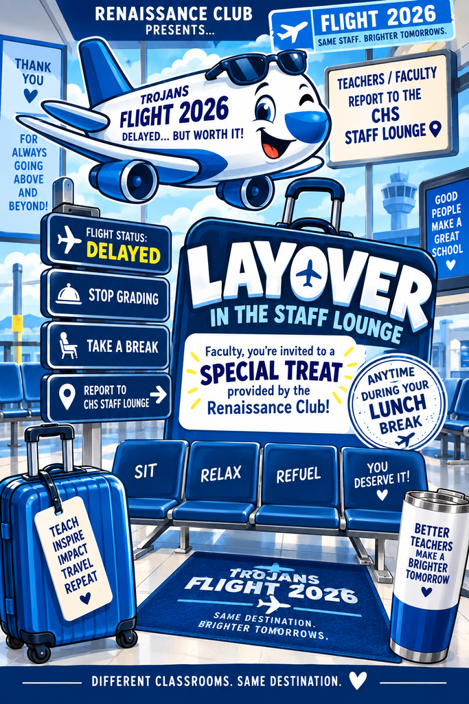 An advertisement shows a lounge area with signs like "Layover in the Staff Lounge," and luggage. A cartoon airplane is above.