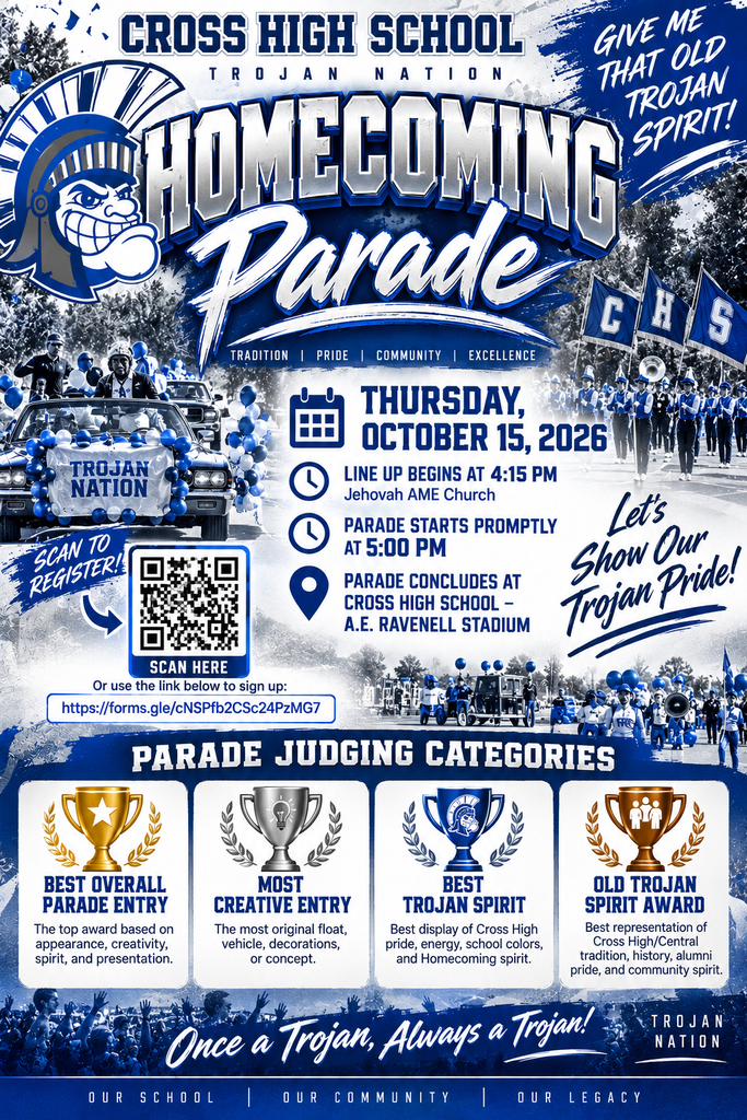 Blue and white poster for Cross High School Homecoming Parade on Oct 14, 2026. Parade begins at 5pm.