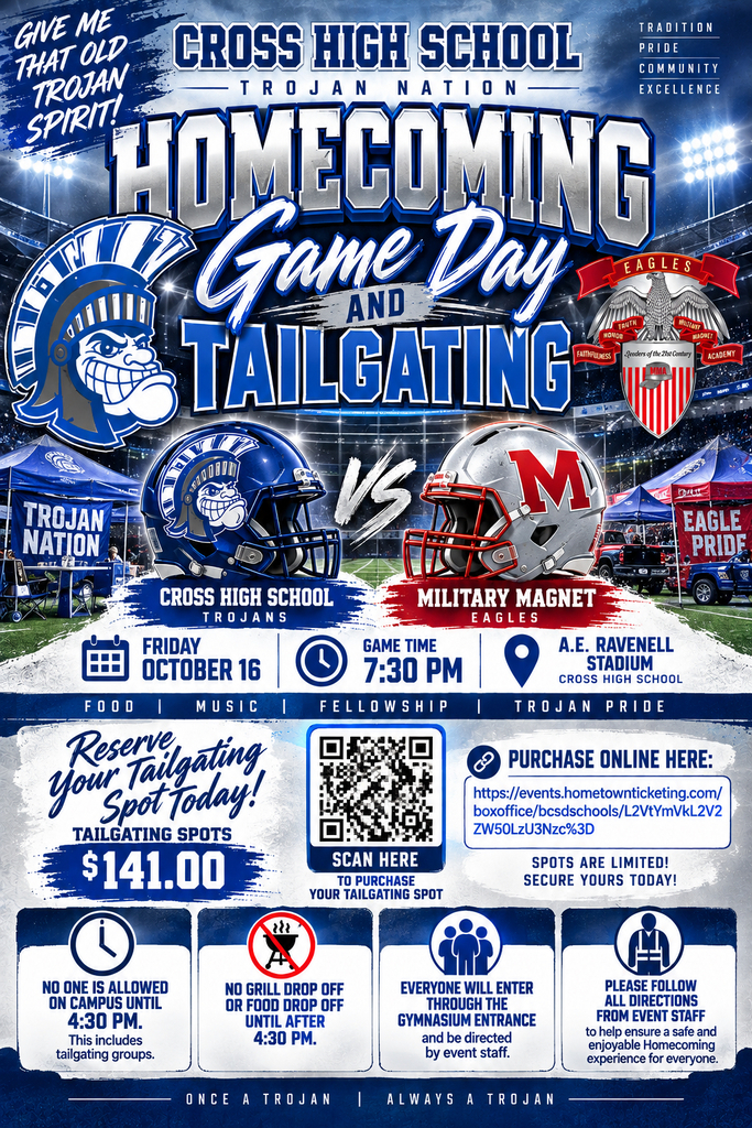 Poster for homecoming game day tailgating at Cross High School. Features two helmets, one blue and one silver, on a football field.