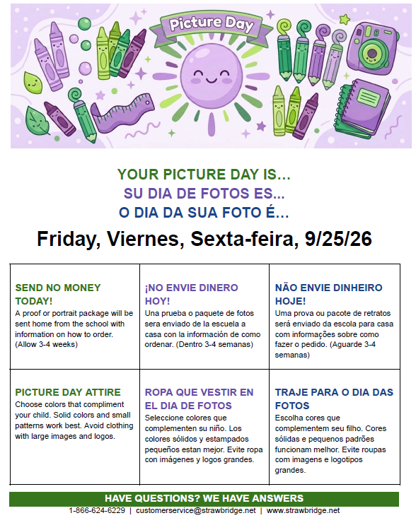 A colorful flyer advertises Picture Day with icons of a camera, shoe, and crayon. Text in Spanish and English provides details. The date is 9/25/26.