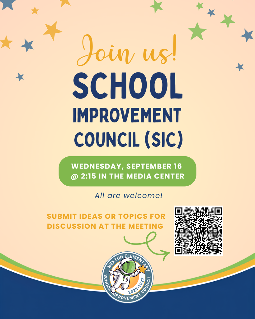 Poster invites participation in School Improvement Council meeting on September 16 at 2:15 PM. QR code and contact details provided.