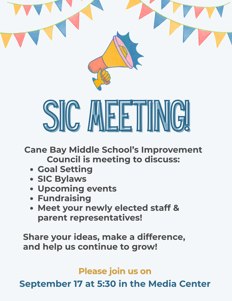Banner with colorful bunting. Text reads "SIC Meeting!" and "September 17 at 5:30 in the Media Center".