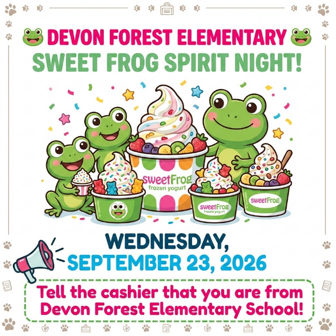Frogs around ice cream. Text reads "Devon Forest Elementary Sweet Frog Spirit Night! Wednesday, September 23, 2026."