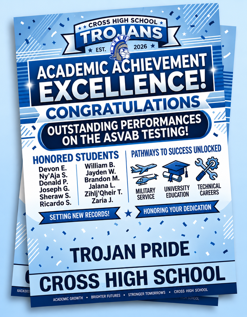 Blue flyer highlights academic achievements. Names of students, icons for military service, university, and technical careers. "Trojan Pride Cross High School" is at the bottom.
