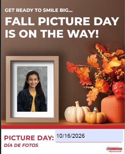 A poster announces a picture day with a child's photo. Nearby are autumn decorations like leaves, pumpkins, and a vase.