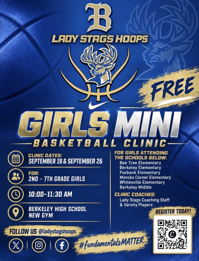 A blue and white poster advertises the "Girls Mini Basketball Clinic" on September 19 and 26. For 2nd to 7th grade girls, 10:00-11:30 AM, at Berkeley High School.