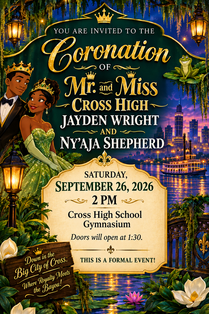 Invitation card for a formal high school event. It features a royal couple with crowns, date, time, and venue. Background shows a city skyline and water view.