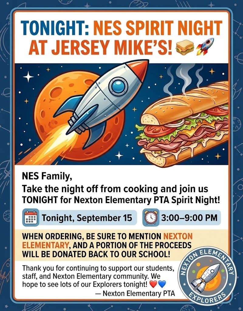 Banner reads "NES Spirit Night at Jersey Mike's!" with a rocket launching and a sandwich. Below, text invites to join the event. Date and time are September 15 from 3:00 to 9:00 PM.
