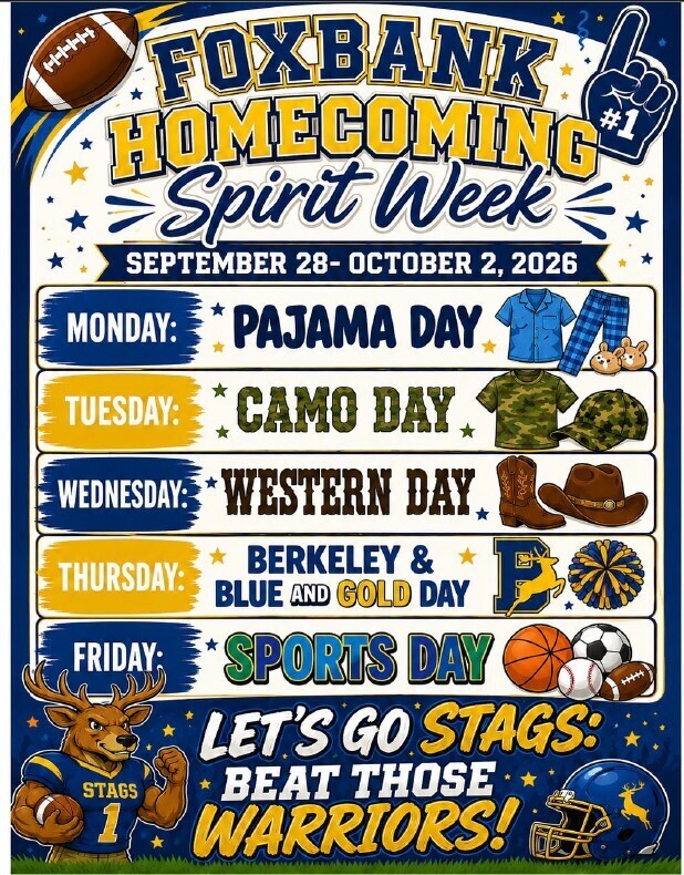 A poster for Foxbank Homecoming Spirit Week with a schedule for September 28-October 2, 2026.