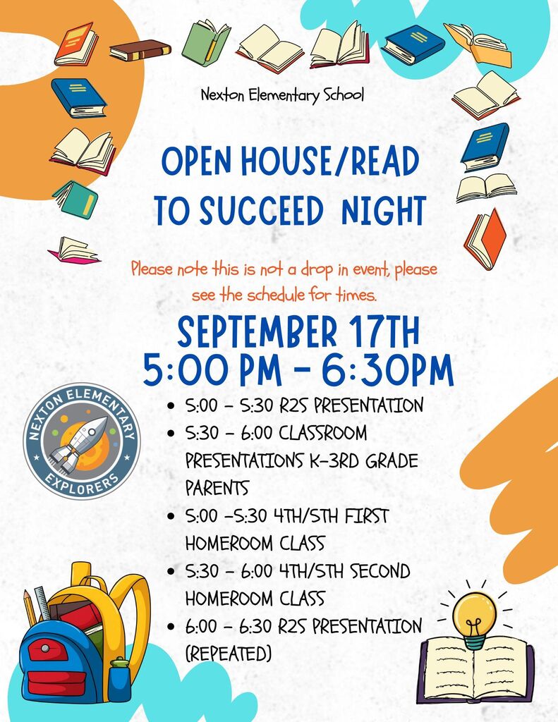 An event poster for "Open House/Read to Succeed Night" at Nexlon Elementary School. Details include time slots for presentations and classroom visits.