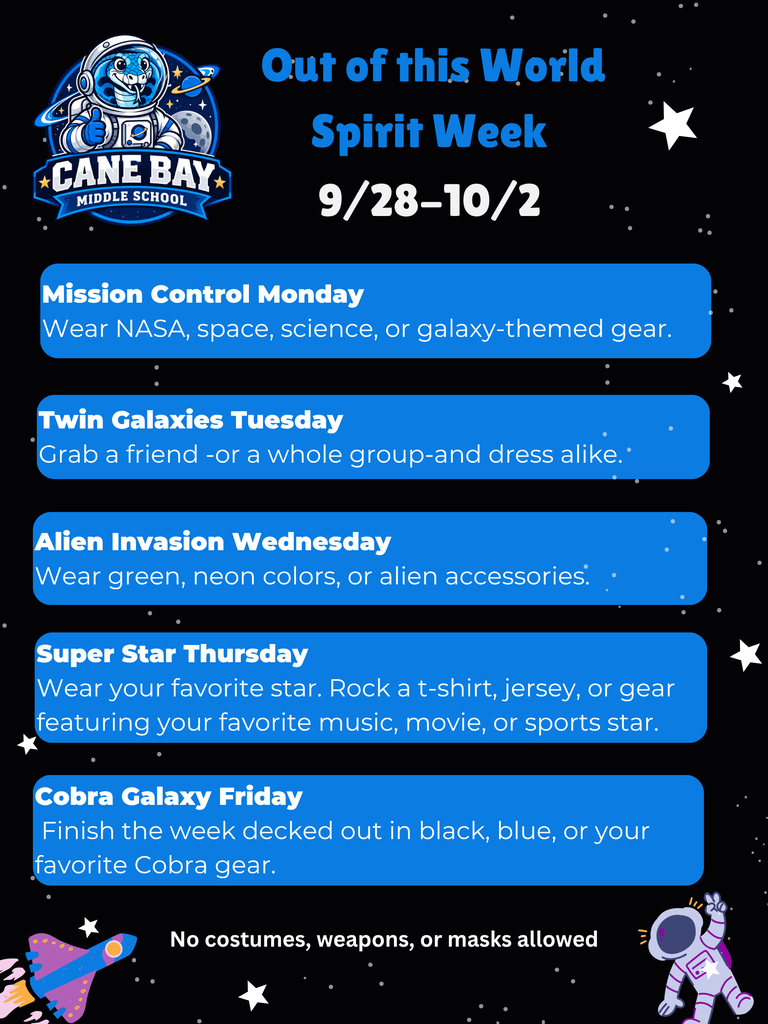 Weekly themed dress days with a space background. Event name and dates are at the top. Colors and themes listed.