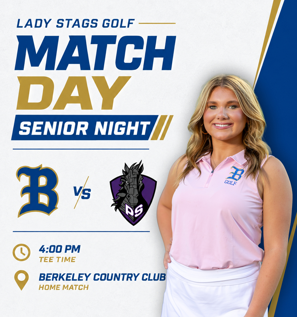 Woman standing in a pink polo shirt and white skirt. Background features event details for "Lady Stags Golf Match Day Senior Night".