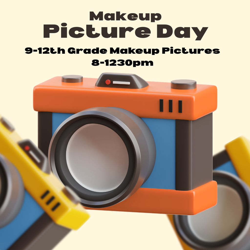 An event poster features a 3D-rendered camera with orange and blue accents, a yellow tool, and blue speakers. Text reads "Makeup Picture Day" with details.