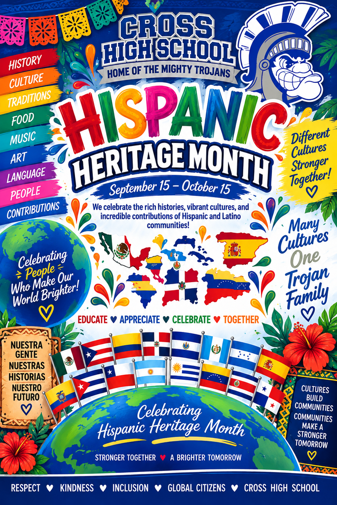 Poster celebrates Hispanic Heritage Month, Sept 15-Oct 15, featuring text, flags, symbols, and a globe with cultural elements.