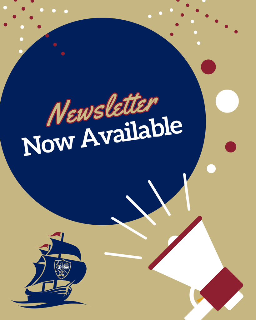 A newsletter ad featuring a blue circle, bold red text, a megaphone, and a blue ship on a beige background.