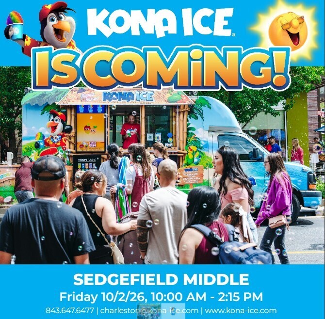 Advertisement for Kona Ice with a line of people at an ice cream truck. Text says, "Kona Ice is Coming!"