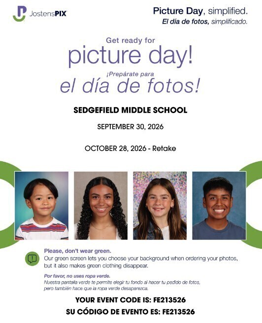 An invitation for Picture Day at Sedgefield Middle School. The date is September 30, 2026, with a retake on October 28, 2026. Four children's faces are shown.