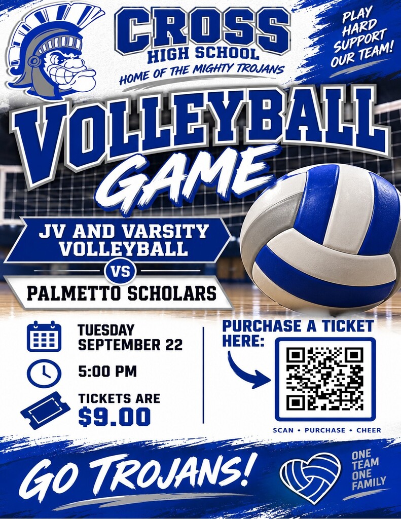 A poster for a volleyball game at Cross High School. It features a volleyball and QR code for tickets. Event is JV and varsity volleyball.