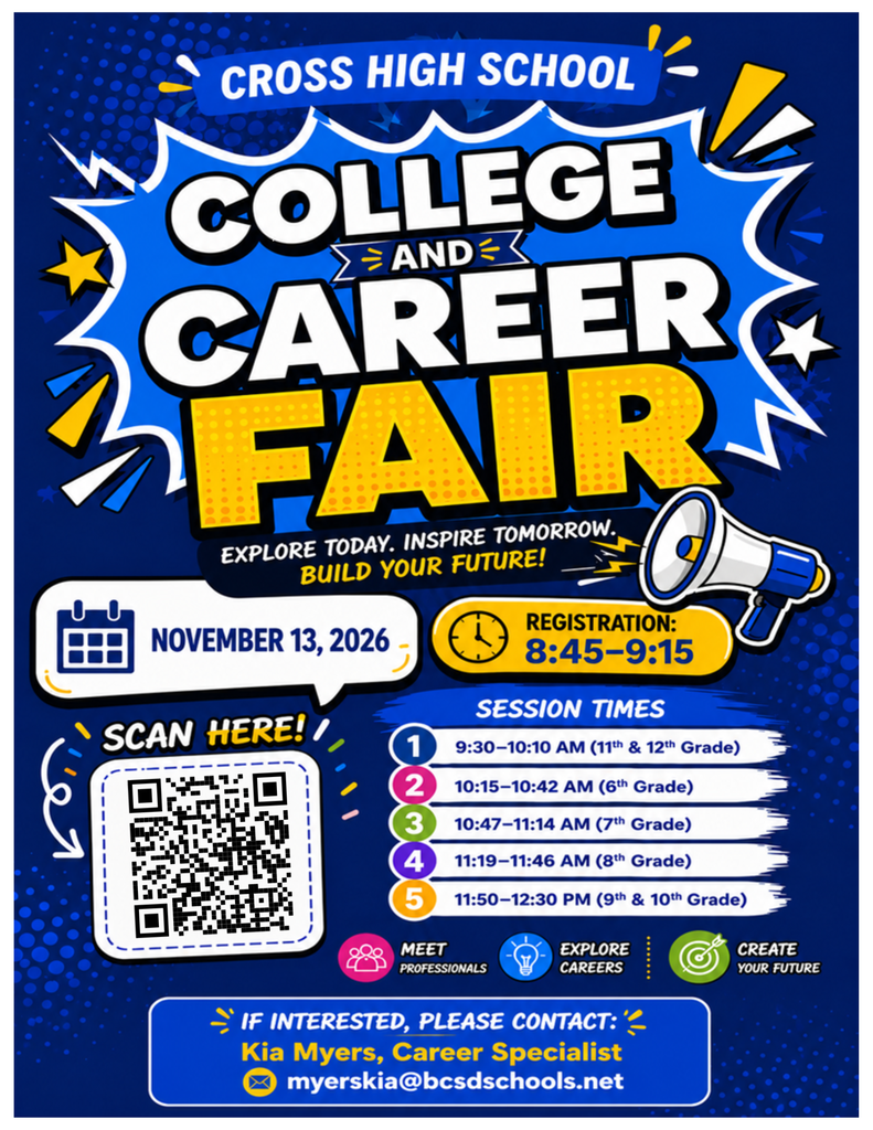A poster advertises the College and Career Fair at Cross High School, set for November 13, 2026. Details include a registration time of 8:45-9:15 and session times.