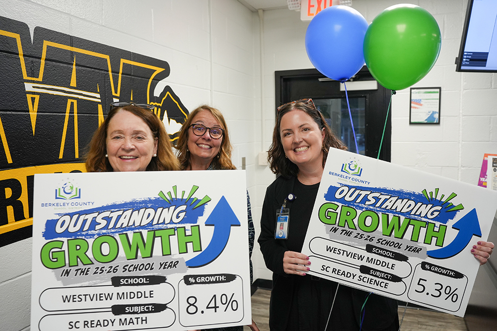 Three people hold signs with "OUTSTANDING GROWTH" text. One person wears glasses. Colorful balloons in background.
