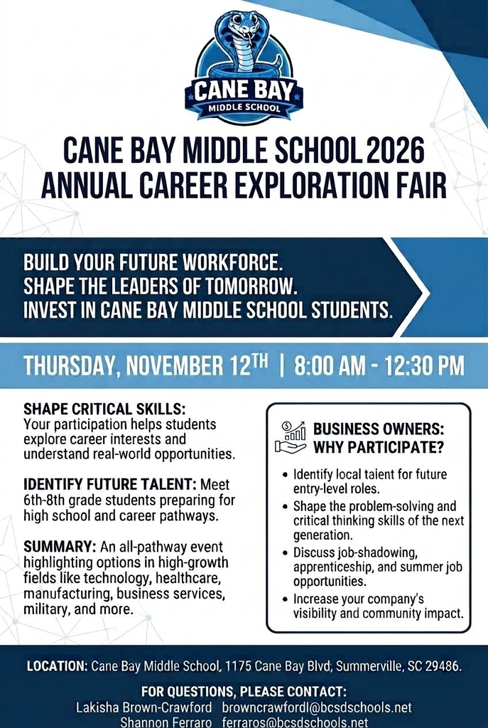 Blue and white flyer for the Cane Bay Middle School 2026 Annual Career Exploration Fair. Details include date, time, location, and benefits.