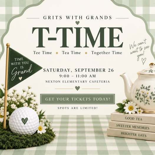 An invitation for "T-Time" reads "Tea Time, Tee Time, Together Time" with flowers, a teapot, and a golf ball.