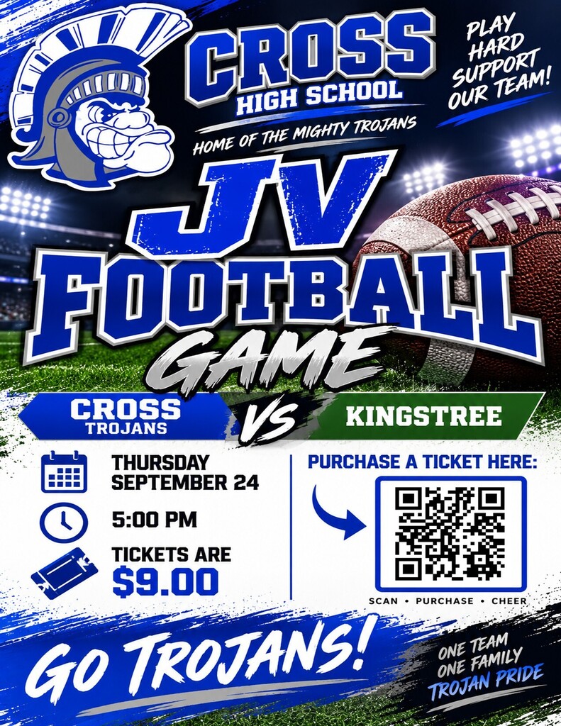 Blue poster promoting Cross High School JV football game. Features a football, QR code, and text for date, time, and ticket price.